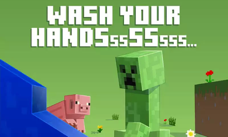 Minecraft creepers urge people to wash their hands to prevent the spread of COVID-19.